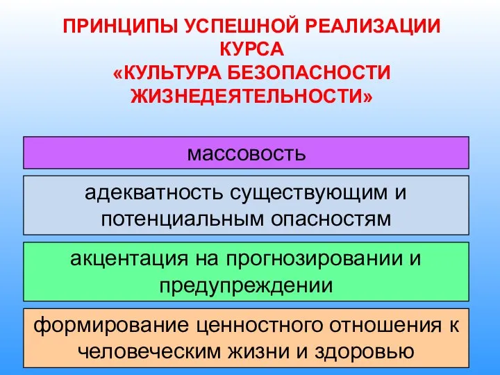 ПРИНЦИПЫ УСПЕШНОЙ РЕАЛИЗАЦИИ КУРСА «КУЛЬТУРА БЕЗОПАСНОСТИ ЖИЗНЕДЕЯТЕЛЬНОСТИ» адекватность существующим и потенциальным