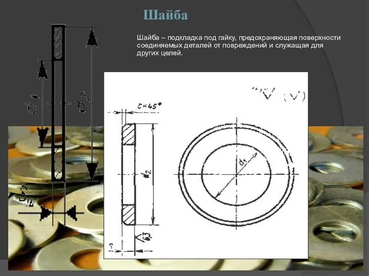 Шайба Шайба – подкладка под гайку, предохраняющая поверхности соединяемых деталей от