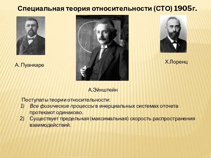 Специальная теория относительности (СТО) 1905г. А.Эйнштейн А. Пуанкаре Х.Лоренц Постулаты теории