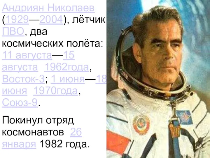 Андриян Николаев (1929—2004), лётчик ПВО, два космических полёта: 11 августа—15 августа
