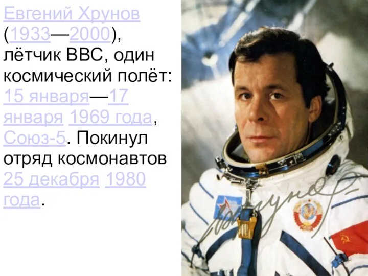 Евгений Хрунов (1933—2000), лётчик ВВС, один космический полёт: 15 января—17 января