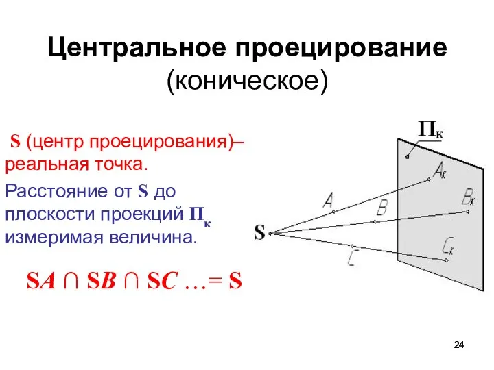 Центральное проецирование (коническое) S (центр проецирования)– реальная точка. Расстояние от S