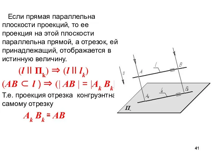 Если прямая параллельна плоскости проекций, то ее проекция на этой плоскости