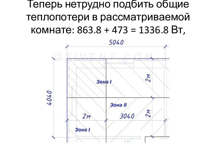 Теперь нетрудно подбить общие теплопотери в рассматриваемой комнате: 863.8 + 473