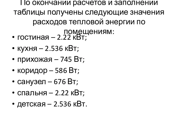 По окончании расчетов и заполнении таблицы получены следующие значения расходов тепловой