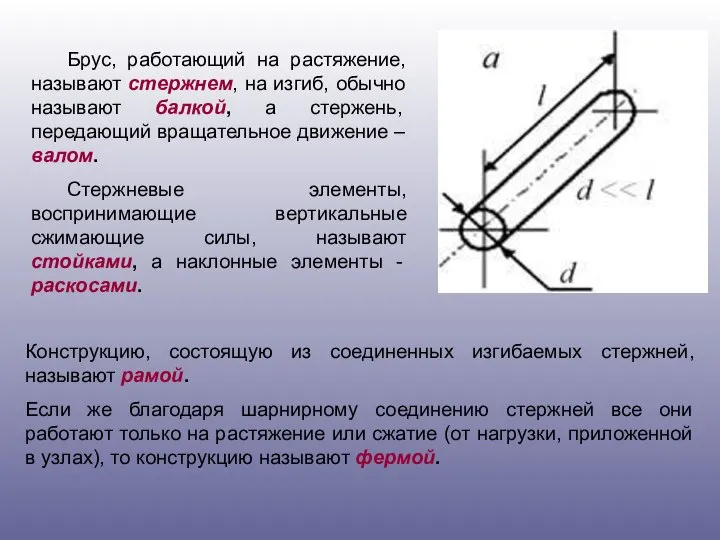 Брус, работающий на растяжение, называют стержнем, на изгиб, обычно называют балкой,