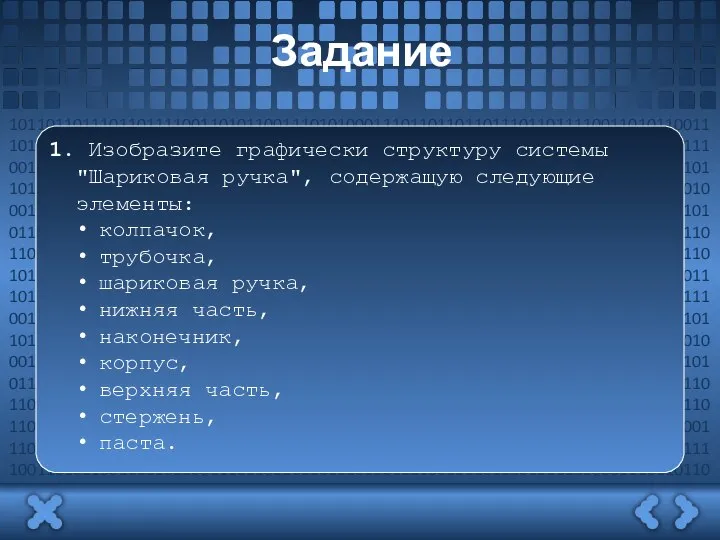 Задание 1. Изобразите графически структуру системы "Шариковая ручка", содержащую следующие элементы: