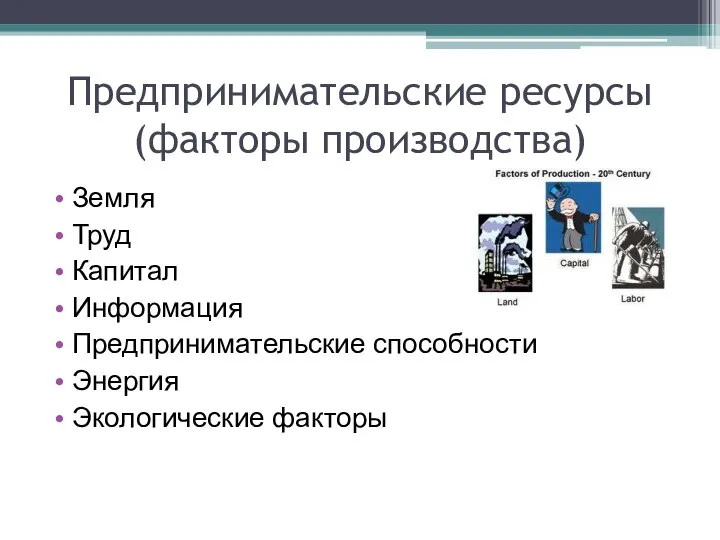 Предпринимательские ресурсы (факторы производства) Земля Труд Капитал Информация Предпринимательские способности Энергия Экологические факторы