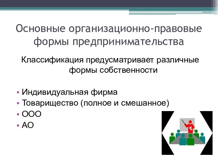 Основные организационно-правовые формы предпринимательства Классификация предусматривает различные формы собственности Индивидуальная фирма