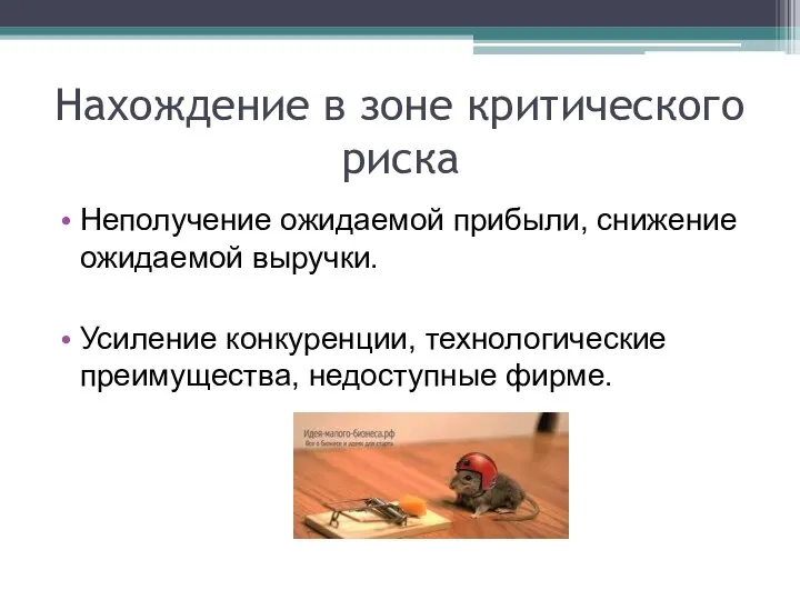 Нахождение в зоне критического риска Неполучение ожидаемой прибыли, снижение ожидаемой выручки.