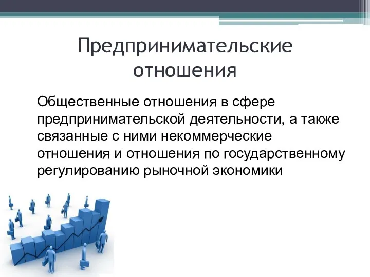 Предпринимательские отношения Общественные отношения в сфере предпринимательской деятельности, а также связанные