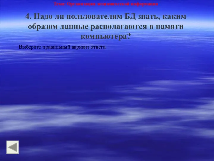 Тема: Организация экономической информации 4. Надо ли пользователям БД знать, каким