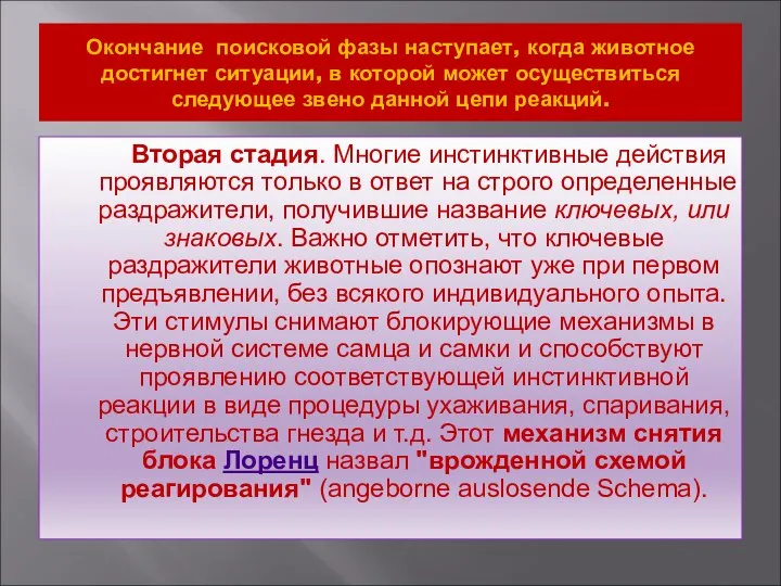 Окончание поисковой фазы наступает, когда животное достигнет ситуации, в которой может