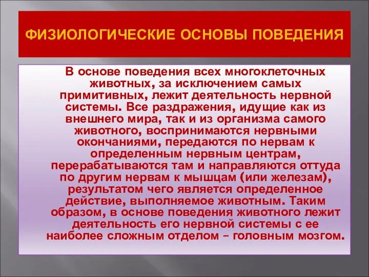 ФИЗИОЛОГИЧЕСКИЕ ОСНОВЫ ПОВЕДЕНИЯ В основе поведения всех многоклеточных животных, за исключением