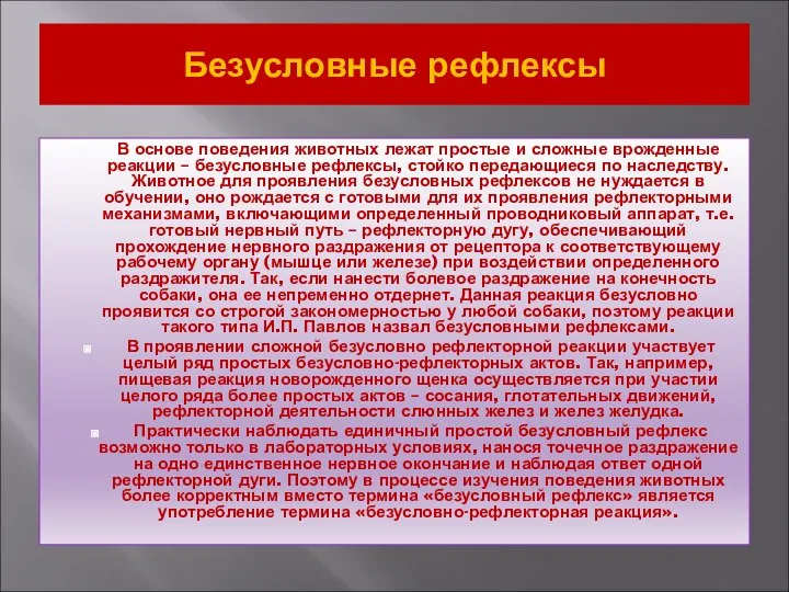 Безусловные рефлексы В основе поведения животных лежат простые и сложные врожденные