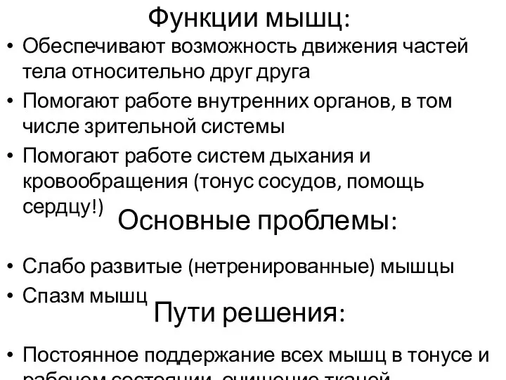 Функции мышц: Обеспечивают возможность движения частей тела относительно друг друга Помогают