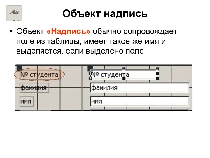 Объект надпись Объект «Надпись» обычно сопровождает поле из таблицы, имеет такое