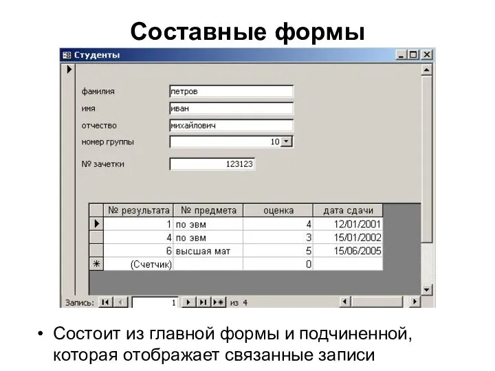 Составные формы Состоит из главной формы и подчиненной, которая отображает связанные записи