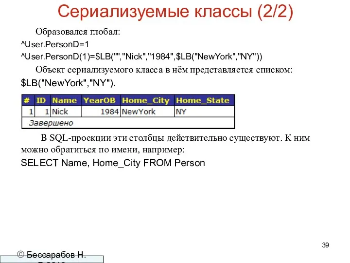 Сериализуемые классы (2/2) Образовался глобал: ^User.PersonD=1 ^User.PersonD(1)=$LB("","Nick","1984",$LB("NewYork","NY")) Объект сериализуемого класса в