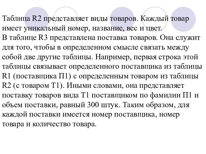 Таблица R2 представляет виды товаров. Каждый товар имеет уникальный номер, название,