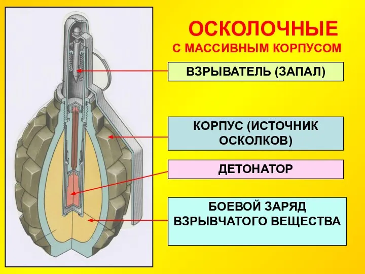 ОСКОЛОЧНЫЕ С МАССИВНЫМ КОРПУСОМ ВЗРЫВАТЕЛЬ (ЗАПАЛ) КОРПУС (ИСТОЧНИК ОСКОЛКОВ) ДЕТОНАТОР БОЕВОЙ ЗАРЯД ВЗРЫВЧАТОГО ВЕЩЕСТВА