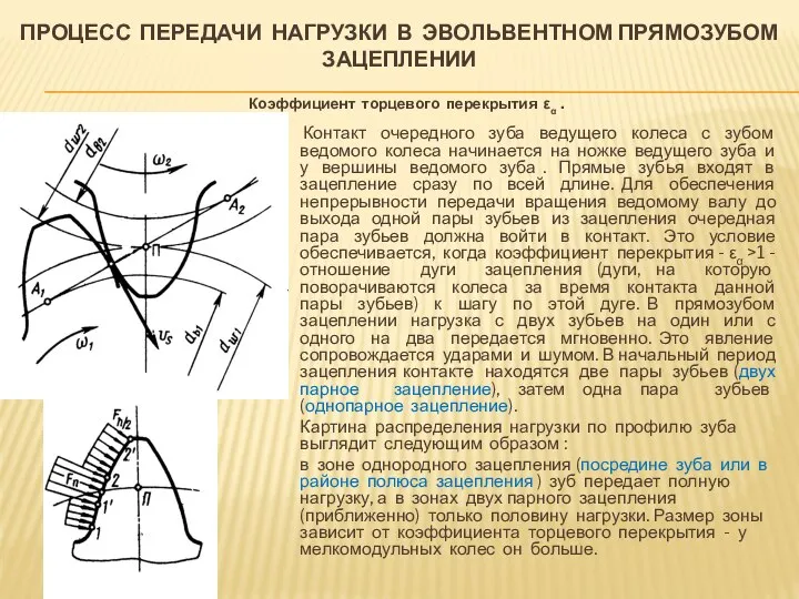 ПРОЦЕСС ПЕРЕДАЧИ НАГРУЗКИ В ЭВОЛЬВЕНТНОМ ПРЯМОЗУБОМ ЗАЦЕПЛЕНИИ Коэффициент торцевого перекрытия εα