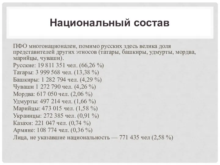 Национальный состав ПФО многонационален, помимо русских здесь велика доля представителей других