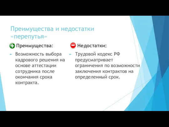 Преимущества и недостатки «перепутья» Возможность выбора кадрового решения на основе аттестации