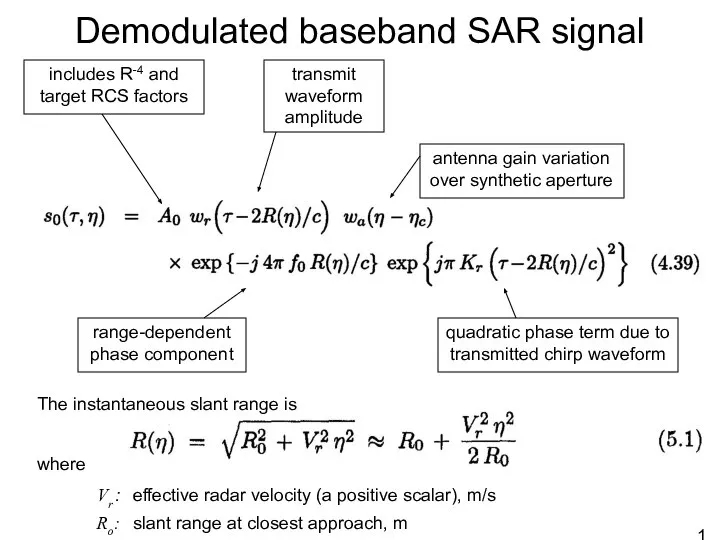 Demodulated baseband SAR signal includes R-4 and target RCS factors Vr