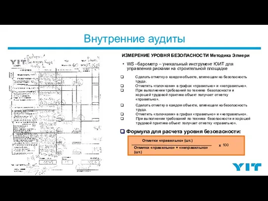 Внутренние аудиты ИЗМЕРЕНИЕ УРОВНЯ БЕЗОПАСНОСТИ Методика Элмери WS –барометр – уникальный