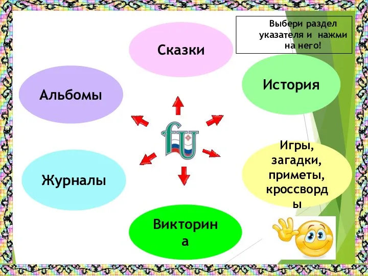 История Журналы Сказки Игры, загадки, приметы, кроссворды Альбомы Викторина Выбери раздел указателя и нажми на него!