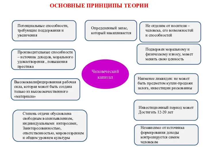 Человеческий капитал ОСНОВНЫЕ ПРИНЦИПЫ ТЕОРИИ Потенциальные способности, требующие поддержания и увеличения