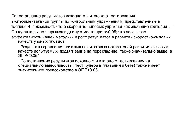 Сопоставление результатов исходного и итогового тестирования экспериментальной группы по контрольным упражнениям,