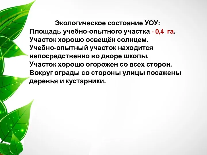 Экологическое состояние УОУ: Площадь учебно-опытного участка - 0,4 га. Участок хорошо