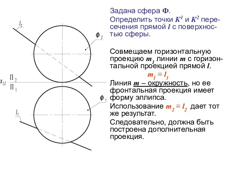 Задана сфера Ф. Определить точки К1 и К2 пере-сечения прямой l