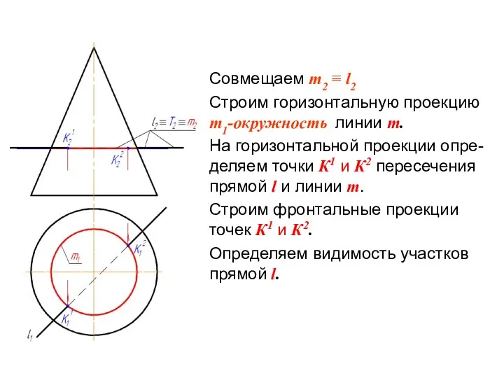 Совмещаем m2 ≡ l2 Строим горизонтальную проекцию m1-окружность линии m. На