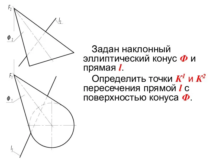 Задан наклонный эллиптический конус Ф и прямая l. Определить точки К1