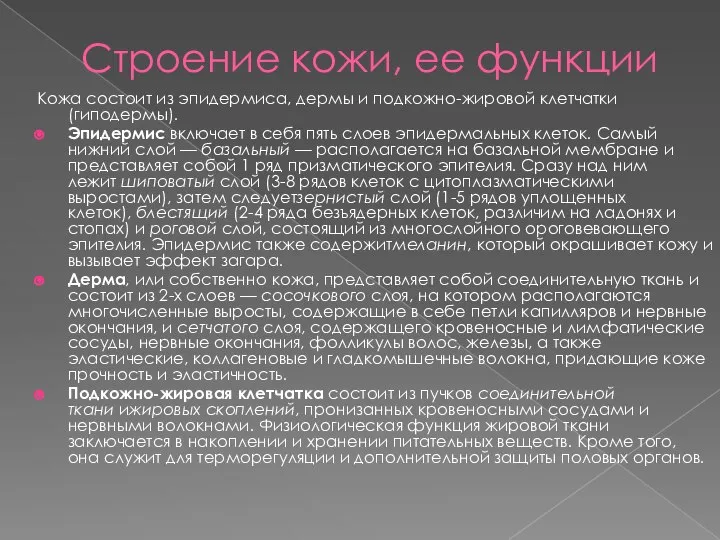 Строение кожи, ее функции Кожа состоит из эпидермиса, дермы и подкожно-жировой