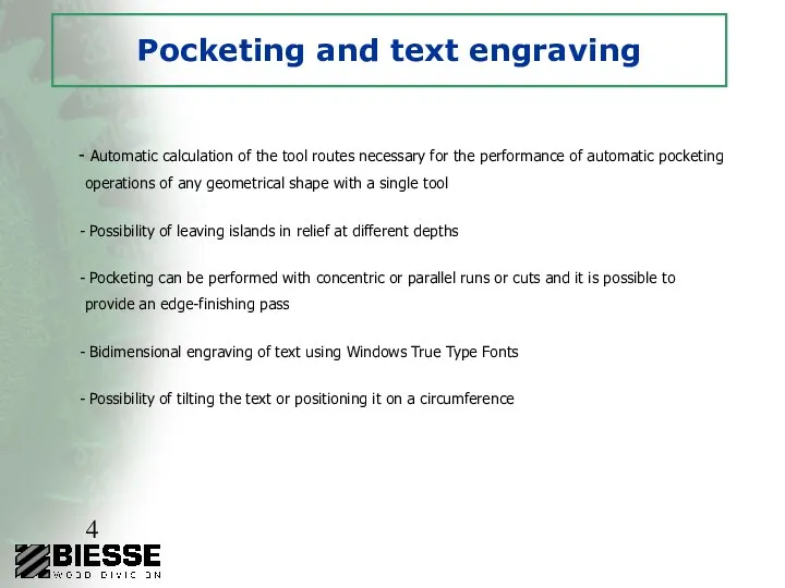 Pocketing and text engraving Automatic calculation of the tool routes necessary