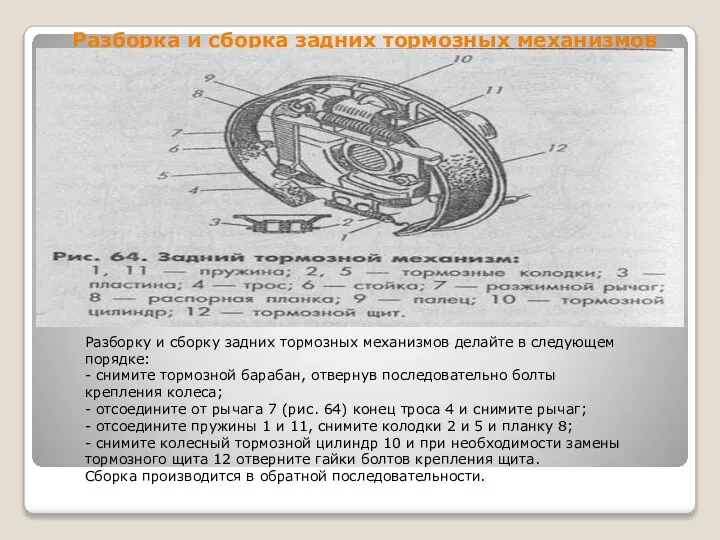 Разборка и сборка задних тормозных механизмов Разборку и сборку задних тормозных