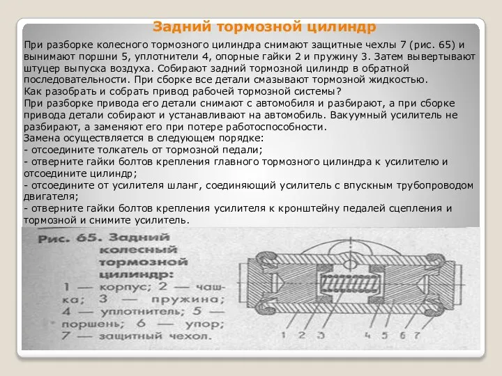 Задний тормозной цилиндр При разборке колесного тормозного цилиндра снимают защитные чехлы