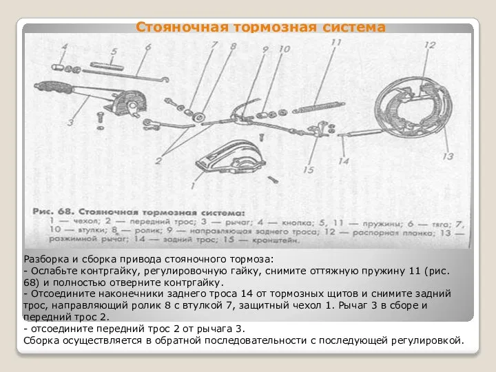 Стояночная тормозная система Разборка и сборка привода стояночного тормоза: - Ослабьте