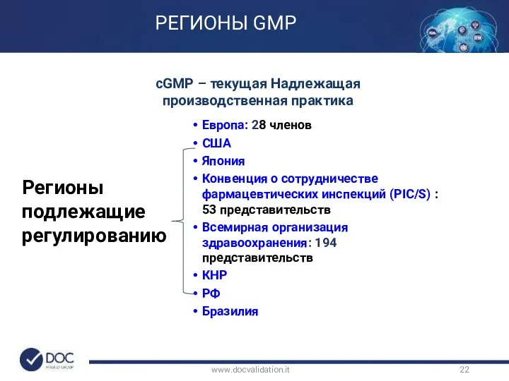 www.docvalidation.it Регионы подлежащие регулированию Европа: 28 членов США Япония Конвенция о