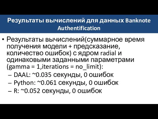 Результаты вычислений для данных Banknote Authentification Результаты вычислений(суммарное время получения модели