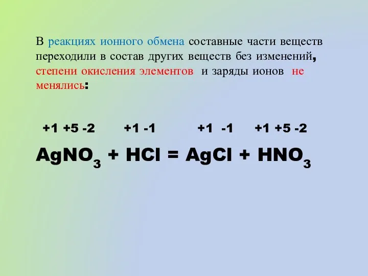 В реакциях ионного обмена составные части веществ переходили в состав других