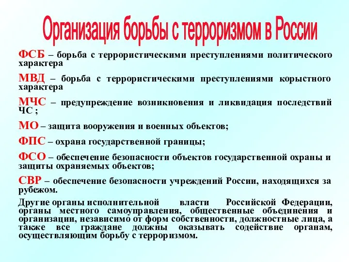 Организация борьбы с терроризмом в России ФСБ – борьба с террористическими