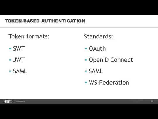 SWT JWT SAML TOKEN-BASED AUTHENTICATION OAuth OpenID Connect SAML WS-Federation Token formats: Standards: