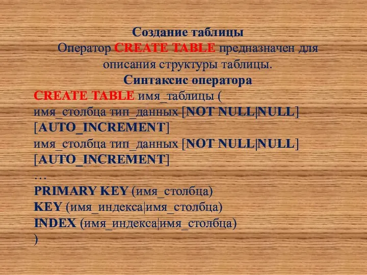 Создание таблицы Оператор CREATE TABLE предназначен для описания структуры таблицы. Синтаксис