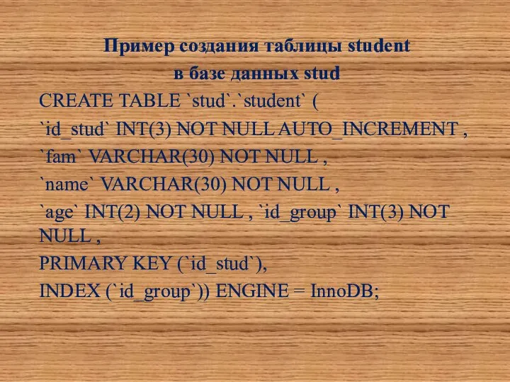 Пример создания таблицы student в базе данных stud CREATE TABLE `stud`.`student`