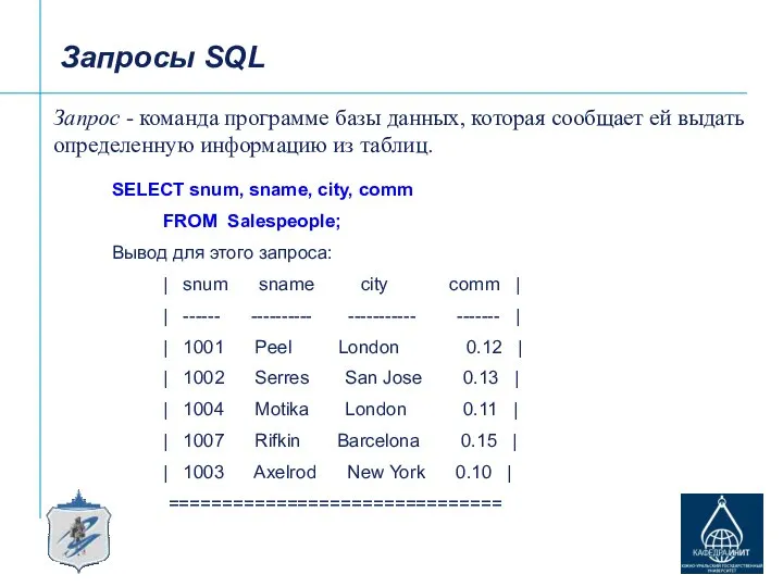 Запросы SQL Запрос - команда программе базы данных, которая сообщает ей